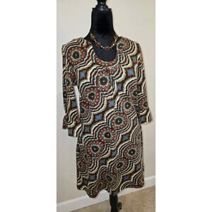Aryeh L Boho Knit Retro Dress Medallion Print Bell Sleeve Shift